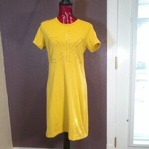 Calvin Klein Women's Monogram Logo Embellished Gold T-Shirt Dress Yellow PS
